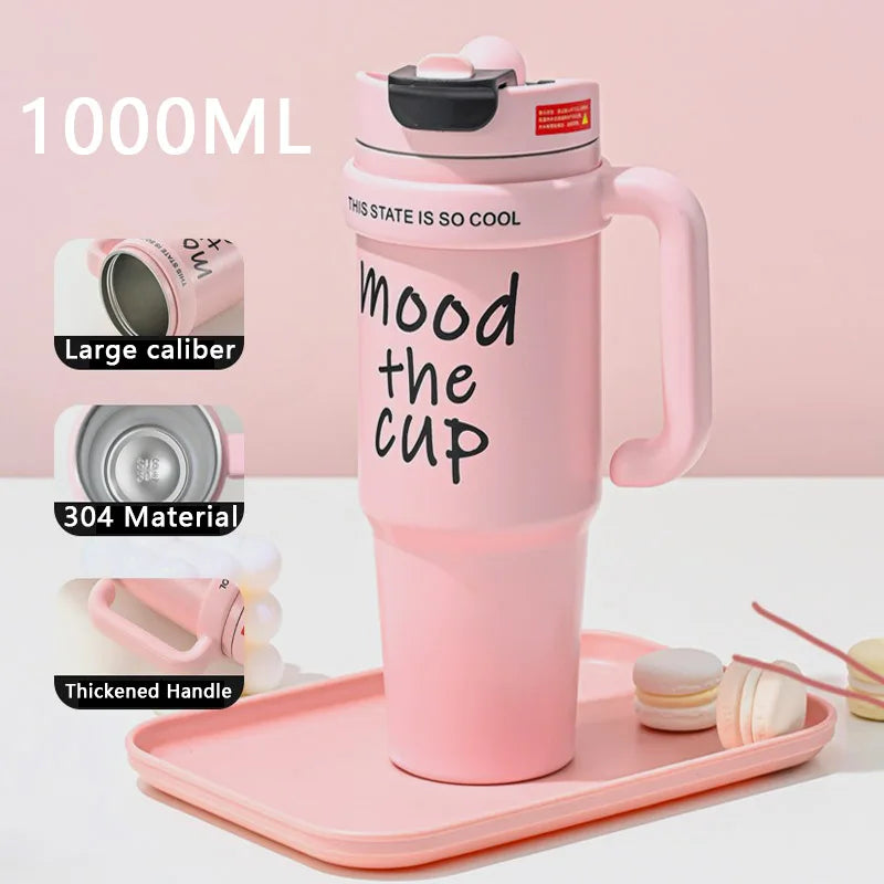 1000ML Thermal Water Bottle 32oz Large Capacity With Straw Stainless Steel Thermos Bottle Cold and Hot Thermos Cup