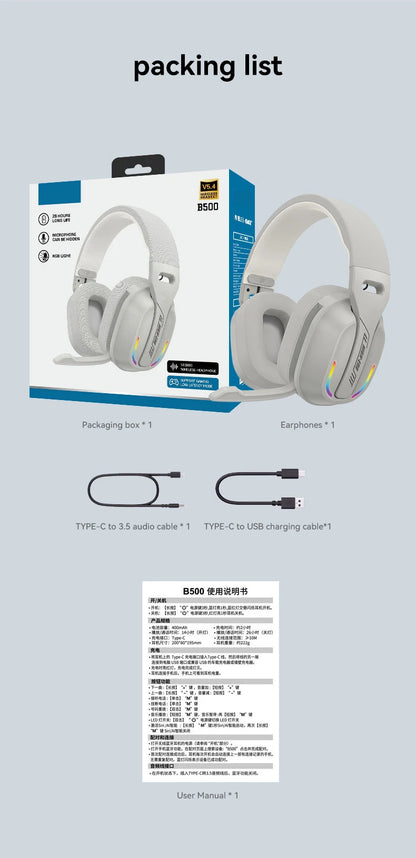 B500 Over Ear Headset Bluetooth5.4 Wireless Stereo Gaming Earphone Built-in Mic RGB Light Low Latency Headphone For PC
