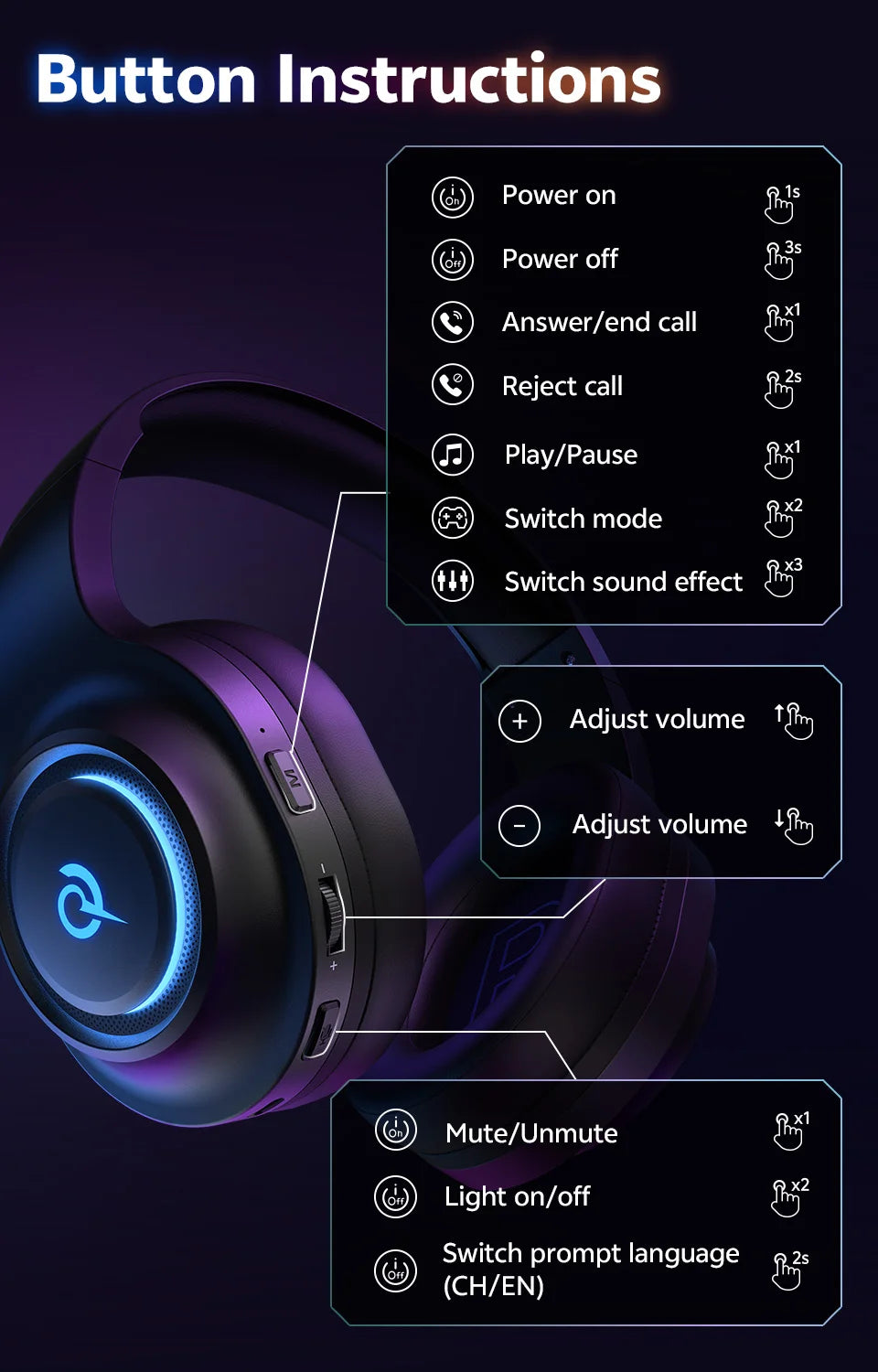 QCY Heroad V200 Gaming Over Ear Headphone Wireless Bluetooth 6.0 with Mic 50mm Driver 7.1 Surround Sound Dynamic EQ RGB Headset