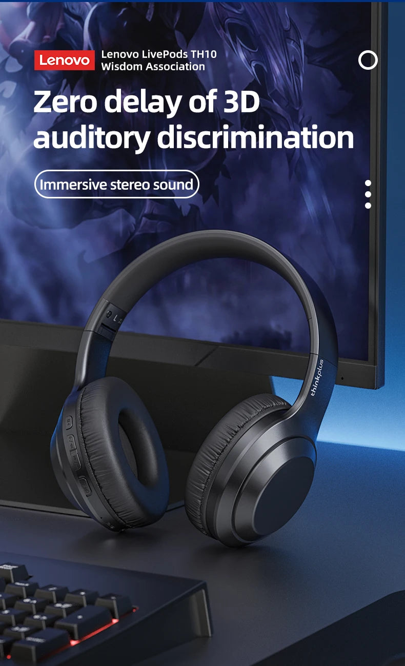 Lenovo TH10 Wireless Bluetooth Headset HIFI Stereo Earphones Foldable Over Ear Earbuds Sports Game Headphones with Microphone
