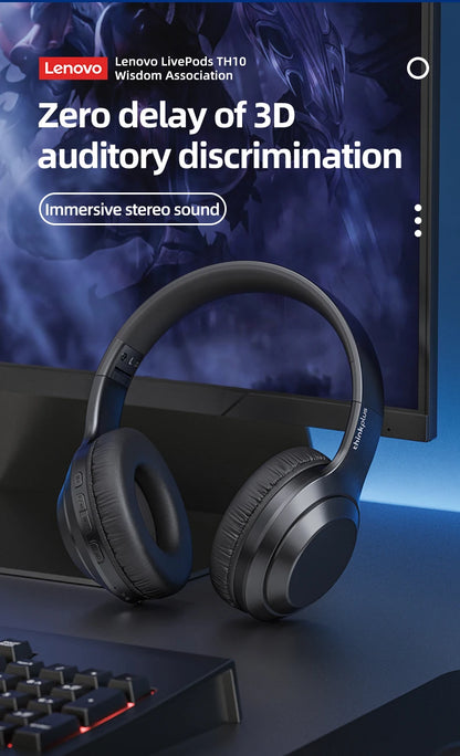 Lenovo TH10 Wireless Bluetooth Headset HIFI Stereo Earphones Foldable Over Ear Earbuds Sports Game Headphones with Microphone