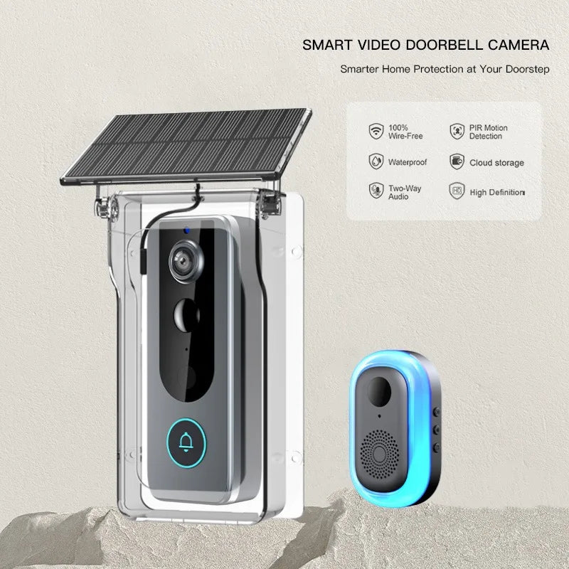 Wireless Doorbell Camera with Solar Cover 1080P Video Intercom Motion Detect Night Vision Waterproof Outdoor Smart Doorbell Wifi