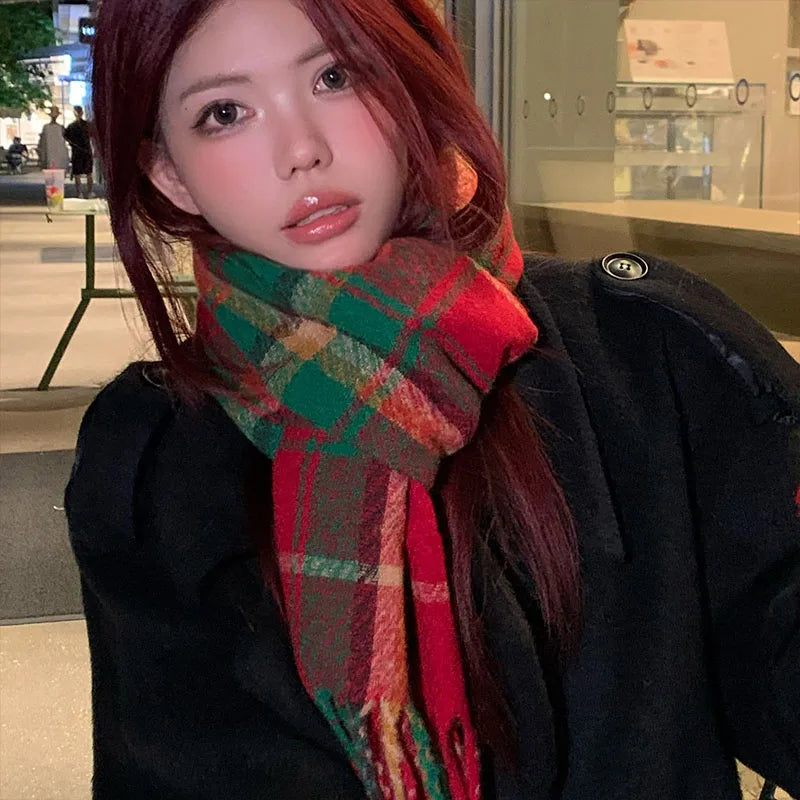 Christmas Red Scarf For Women Imitation Cashmere Plaid Printed Plush Scarf Trend Premium Warm Shawl Tassel Scarves