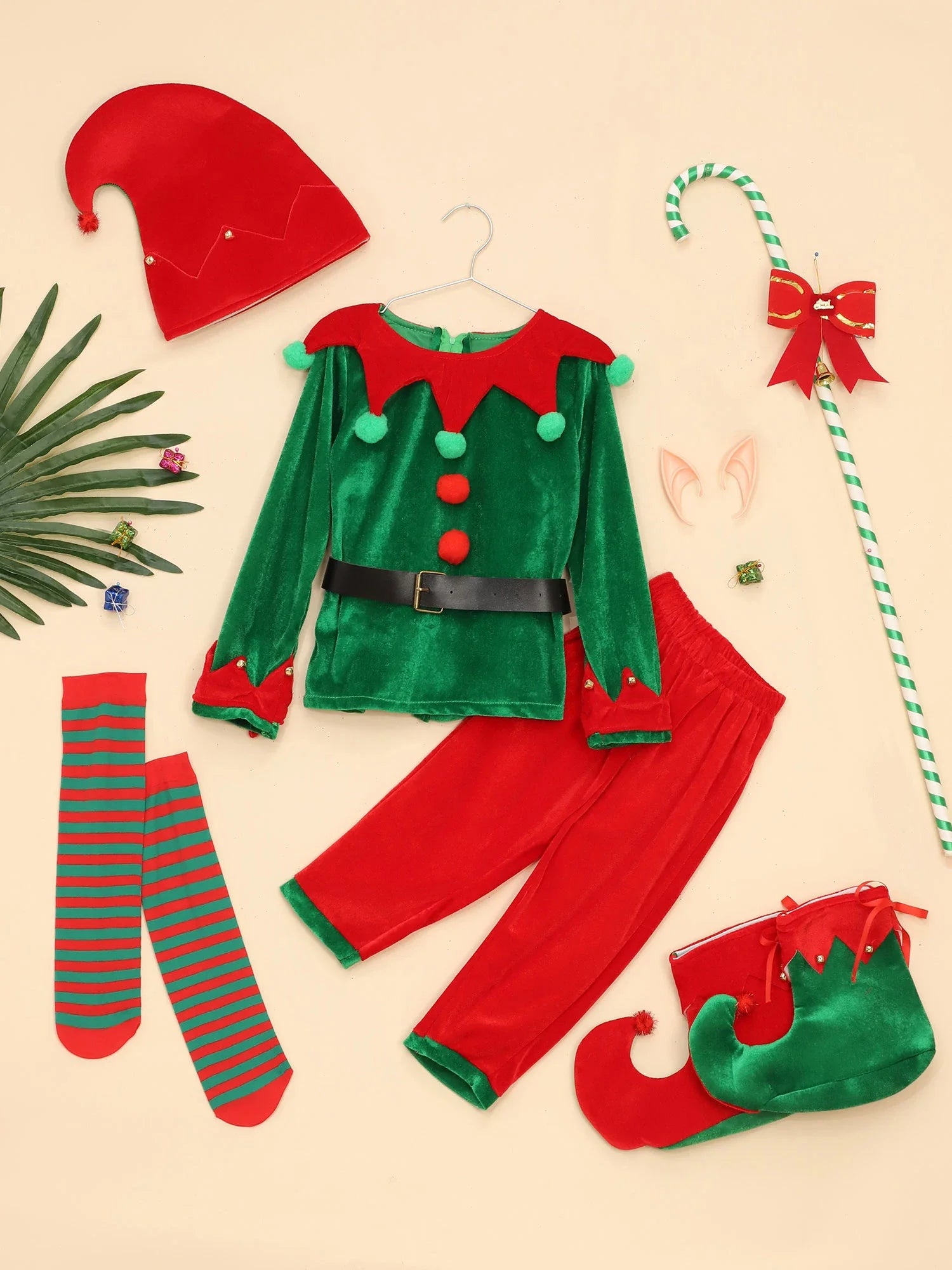 2-12 Yrs Kid Deluxe Christmas Elf Costume 7 Pieces Green Red Elevs Suit Top+Pants+Socks+Hat+Belt+Shoes Covers+Ears Santa Uniform