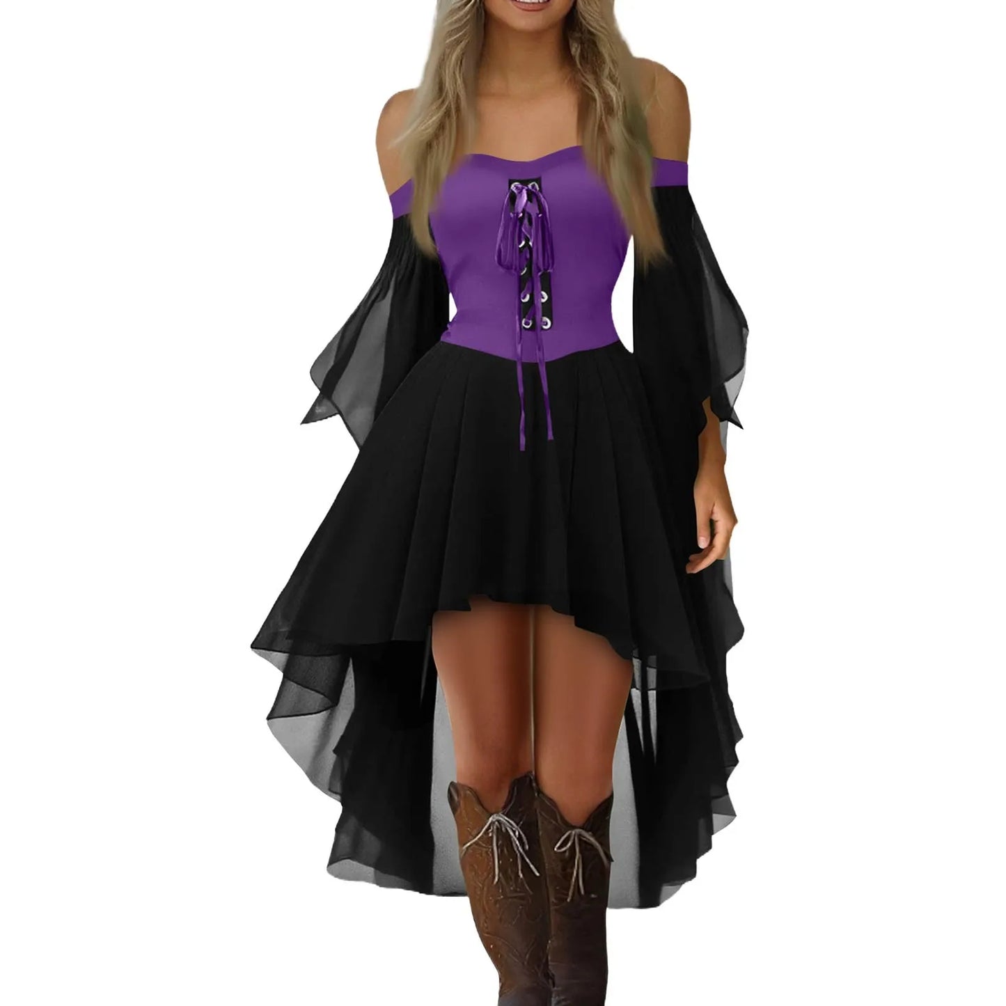 Halloween Witch Cosplay Costumes Women Casual Plus Size Cold Shoulder Dress Solid Color Chiffon Butterfly Sleeve Gothic Dress