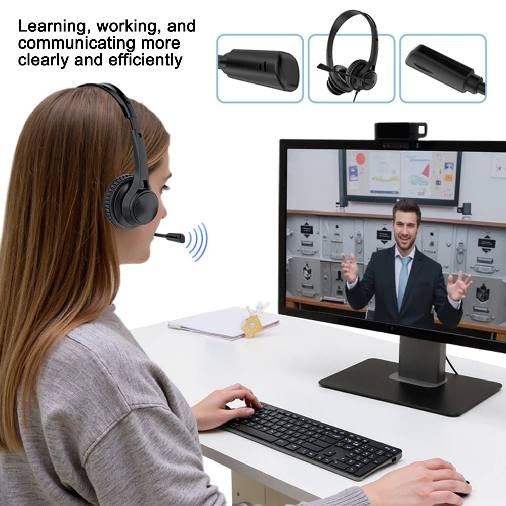 Wired USB Headset Call Center Headphones with Microphone Noise Cancelling Over Gaming Over-Ear Headsets for Computer PC Laptop