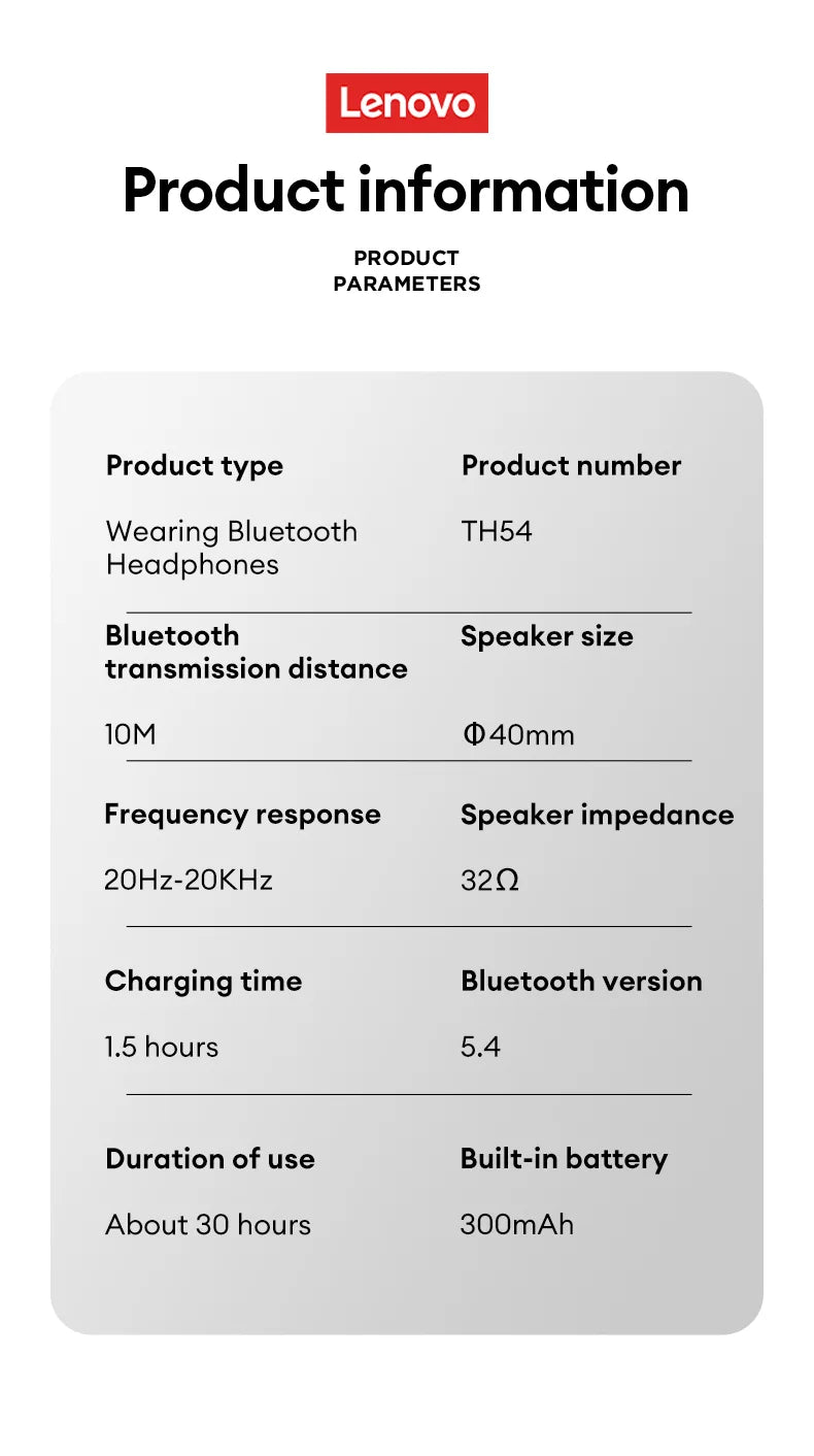 Original Lenovo TH54 Head Mounted Wireless Bluetooth 5.4 Earphones Over-Ear HIFI Stereo Music Game Noise Canceling Sport Earbuds