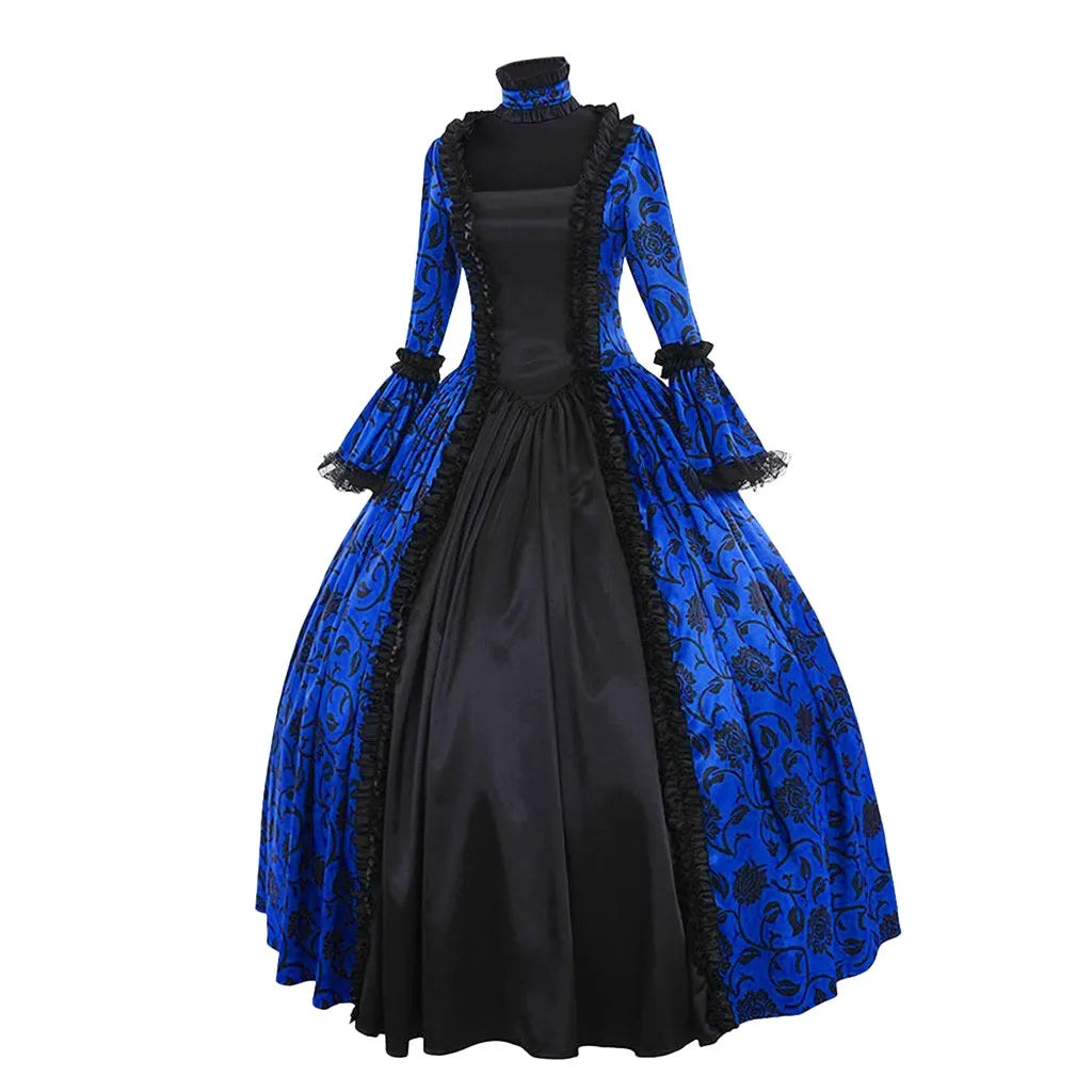 Women Vintage Exquisite Dress Gothic Retro Floral Print Ball Gowns Dress Medieval Renaissance Court Dress Halloween Costume