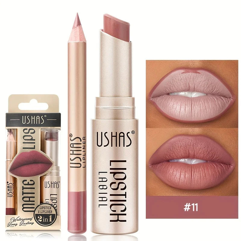 USHAS 12 Color Matte Lipstick Set Long-lasting Waterproof Lipstick + Lip Liner Set Easy Coloring Non-Stick Cup Lip Makeup Suit
