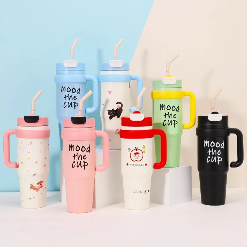 1000ML Thermal Water Bottle 32oz Large Capacity With Straw Stainless Steel Thermos Bottle Cold and Hot Thermos Cup