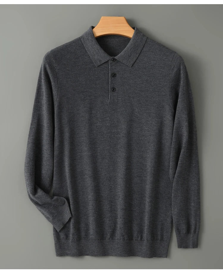 Spring Autumn Collar Long Sleeve Men's Wool Sweater Solid Color Collar Polo Sweater High end Thin Hooded Business Casual Sweater