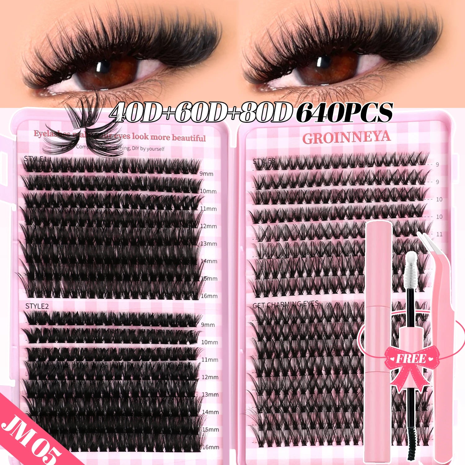 GROINNEYA DIY Lash Clusters Set Mixed Tray Lashes Kit Fluffy Individual Lashes Extension with Lash Bond and Seal At Home Makeup
