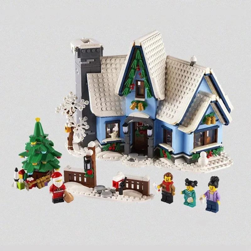 Santa Claus Christmas Winter Village Scenery With Light Building Blocks Bricks Moc 10275 Snow House Model Assembly Toy Kid Gifts