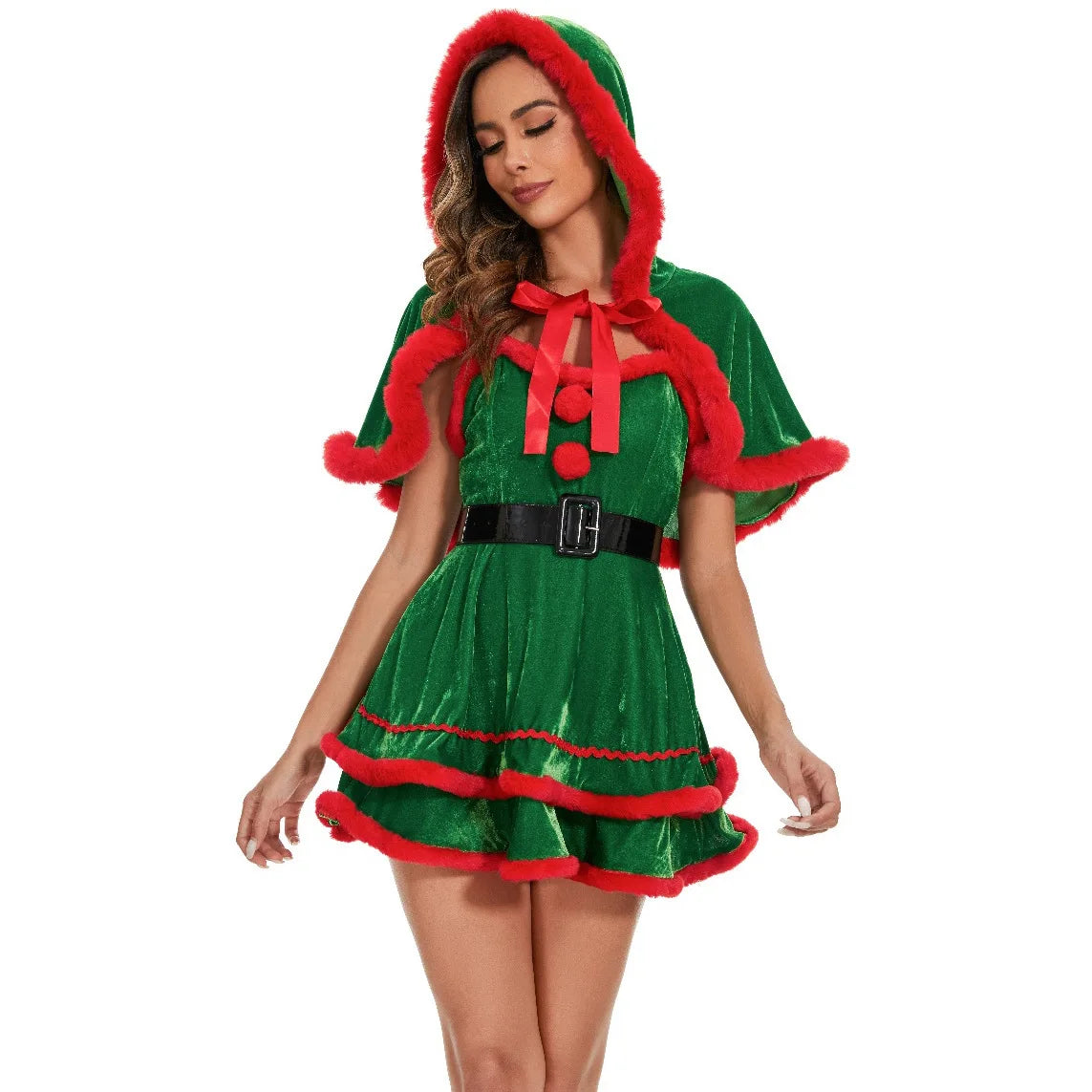 Christmas Women Dress Costume Party Cosplay Outfit Festive Cloak with Attached Hat Holiday Role Play Uniform for  Hooded Cape