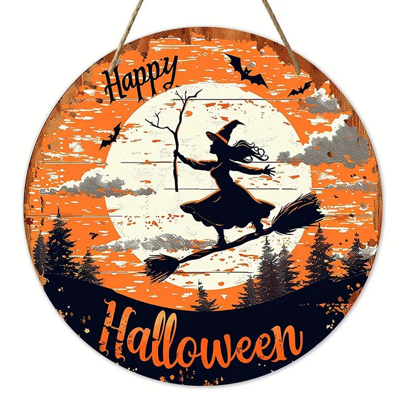 Halloween Wooden Wreath Sign Vintage Witch Pumpkin Head Horror Art Deco Fall Wreath Sign Home Kitchen Garden Patio Window Porch