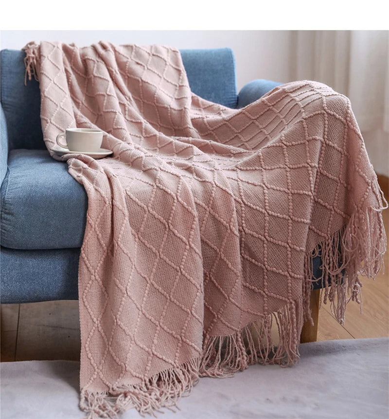 Khaki Gift Knitted Blanket with Tassels Chunky Vintage Luxury Farmhouse Throw Bedspread Oversized Blanket Cover Manta Para Sofá