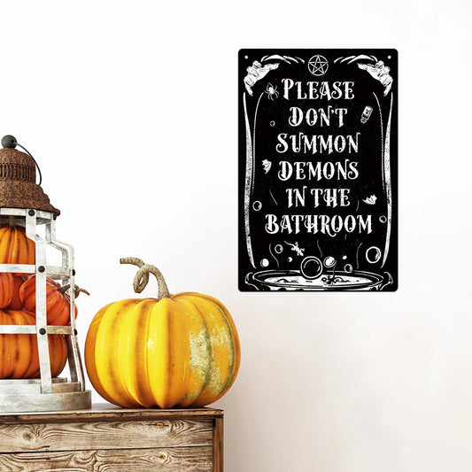 Putuo Decor 1pc Vintage Metal Tin Sign, Please Don't Summon Demons in the Bathroom, for Halloween Party, Halloween Gift