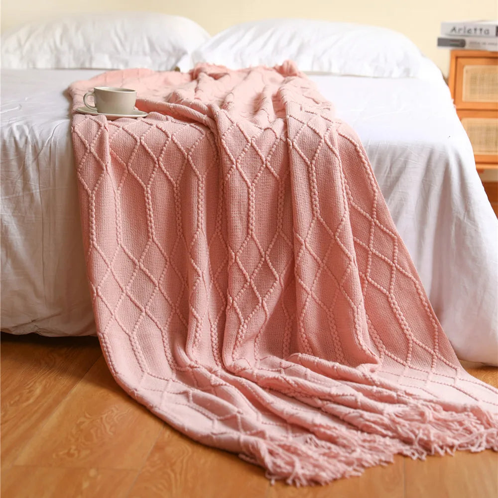 Khaki Gift Knitted Blanket with Tassels Chunky Vintage Luxury Farmhouse Throw Bedspread Oversized Blanket Cover Manta Para Sofá