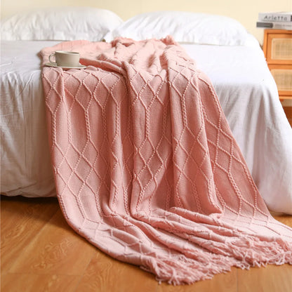 Khaki Gift Knitted Blanket with Tassels Chunky Vintage Luxury Farmhouse Throw Bedspread Oversized Blanket Cover Manta Para Sofá