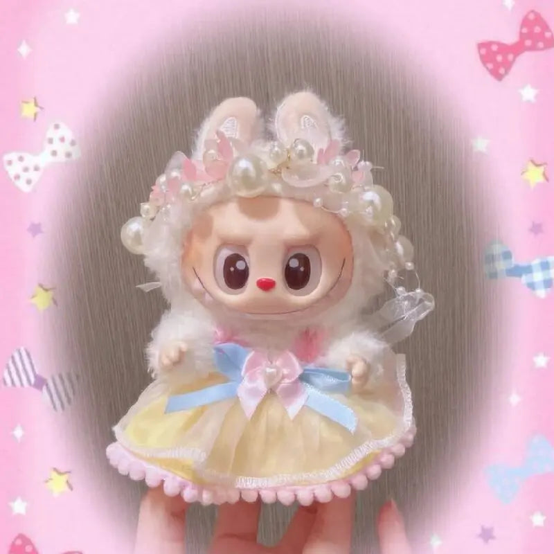 Bow Dress For 17cm Ropa Labubu Mini Doll Clothes Matching Pearl Hair Accessory Fahion Style Labubu V2/V3