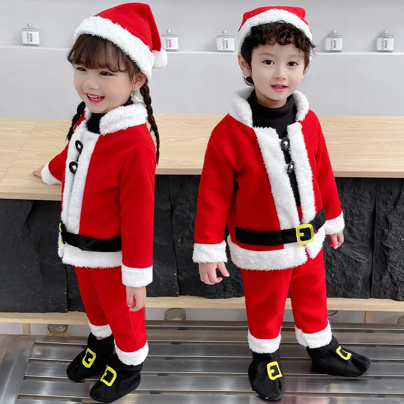 Winter Kids Warm Christmas Party Costume Coat+Pants+Hat+Shoes Covers Boys and Girls Santa Claus Role Play Outfit Xmas Clothing