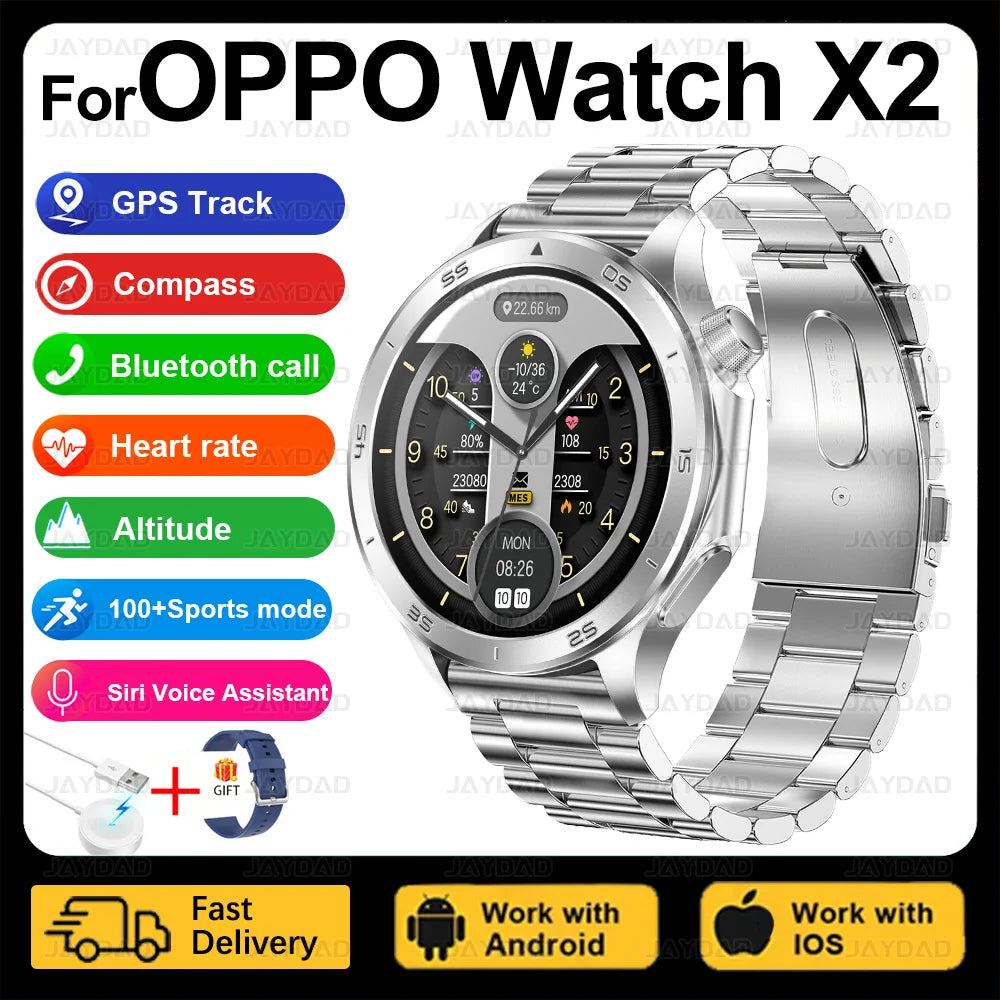 2025 New For OPPO Watch X2 Smart Watch Men AMOLED Outdoor Fashion GPS Compass Heart rate Waterproof Bluetooth Call Smartwatches