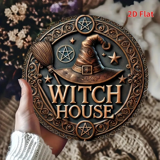 1pc 2D Vintage Witch House Metal Sign Circular Iron Wall Decor with Star Witch Hat Broom Design Halloween Decor for Home Garage