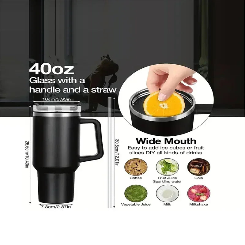 40oz Stainless Steel Car Cup Large Capacity Water Cup with Handle and Straw Double-walled Insulated Travel Mug Holiday Gifts