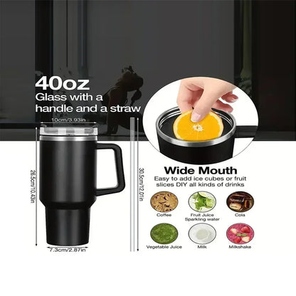 40oz Stainless Steel Car Cup Large Capacity Water Cup with Handle and Straw Double-walled Insulated Travel Mug Holiday Gifts