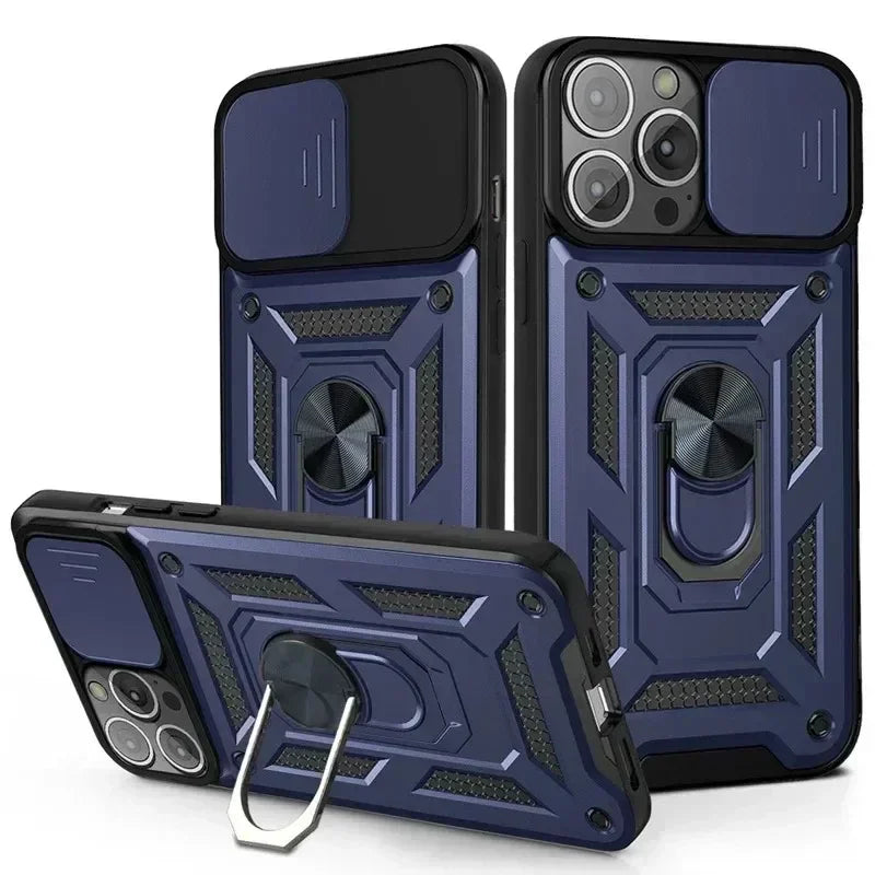 Luxury Slide Camera Lens Protection Armor Case for iPhone 17 16 15 14 Plus 13 12 Pro Max Military Grade Bumpers Metal Ring Cover