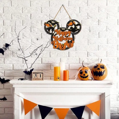 Happy Halloween Mouse Door Sign - Hollow-Out Wooden Decor with Black Cat, Mouse Bat & Pumpkin BOO for Porch or Wall Hanging