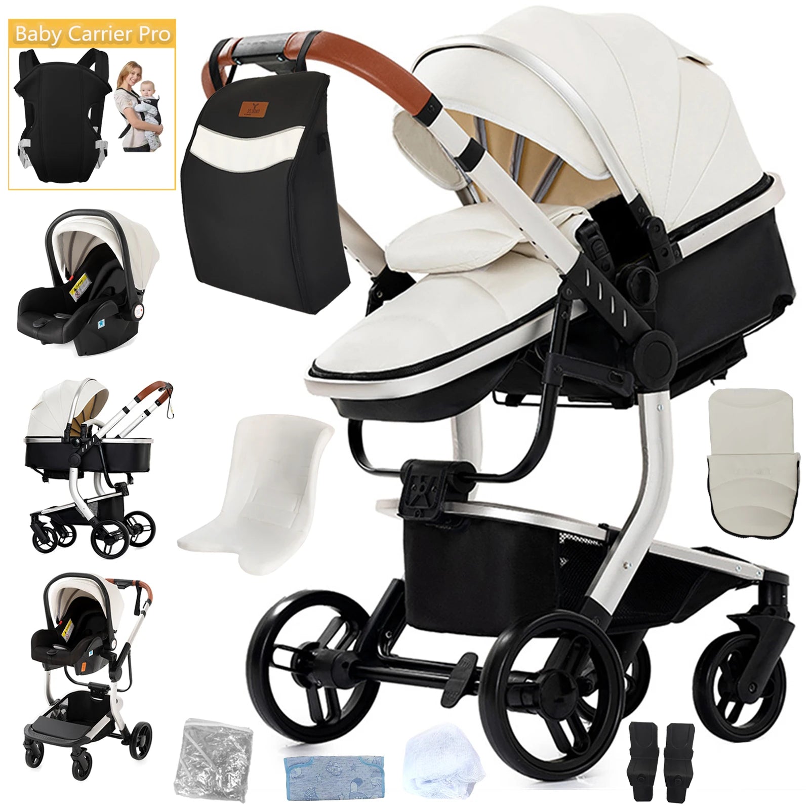 Lightweight Baby Stroller 3 in 1 Stroller PU Leather Stroller for Newborn Baby Car Seat Portable Baby Cart Pram High Landscape