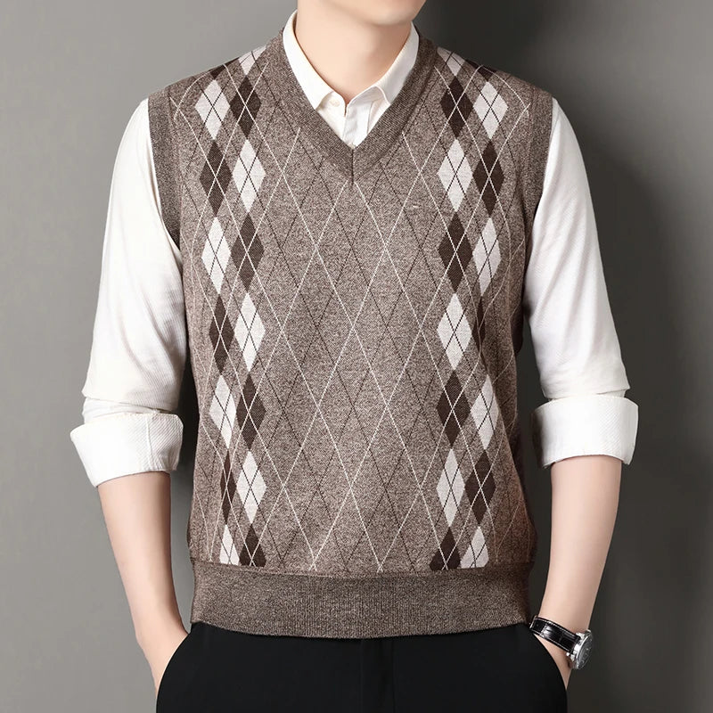 Cardigan Sweater Vests Men Autumn Winter Fleece Knitted Waistcoat Argyle Plaid Smart Causal Fashion Knit Sleeveless Sweater Vest