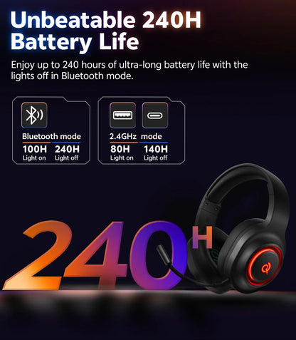 QCY Heroad V200 Gaming Over Ear Headphone Wireless Bluetooth 6.0 with Mic 50mm Driver 7.1 Surround Sound Dynamic EQ RGB Headset