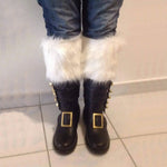 Christmas Santa Claus Boots Men Cosplay New Year Red Black Leather Shoes White Plush Cuffs Foot Halloween Xmas Winter Boots
