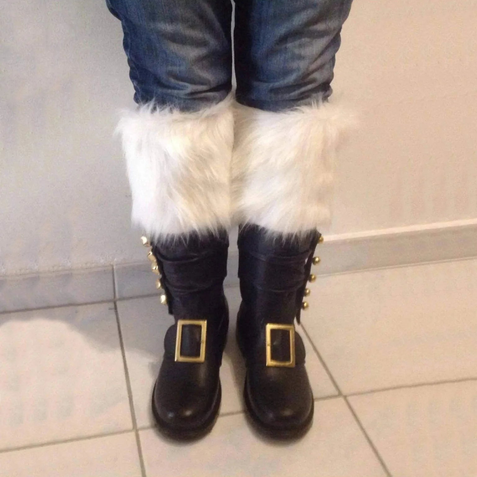 Christmas Santa Claus Boots Men Cosplay New Year Red Black Leather Shoes White Plush Cuffs Foot Halloween Xmas Winter Boots