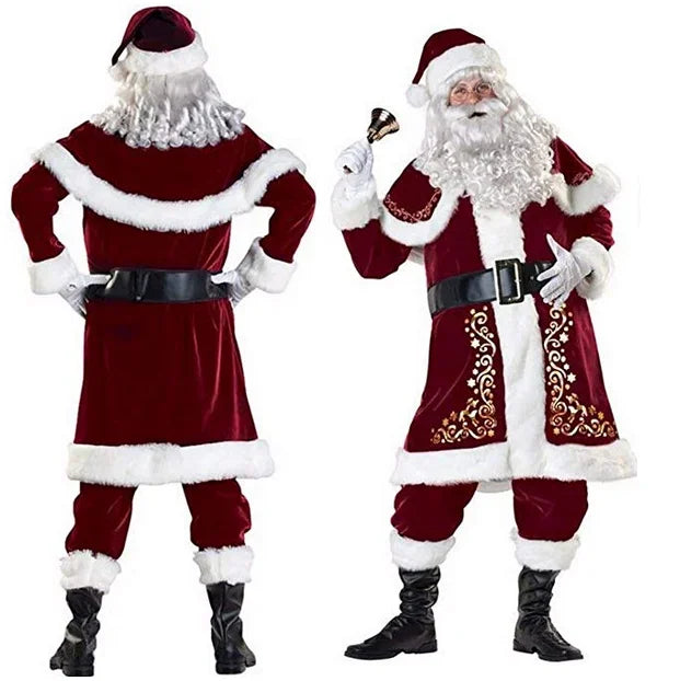 Red Deluxe Velvet Fancy 8pcs Set Xmas Party Man  Santa Claus Suit Adult Cosplay Costume