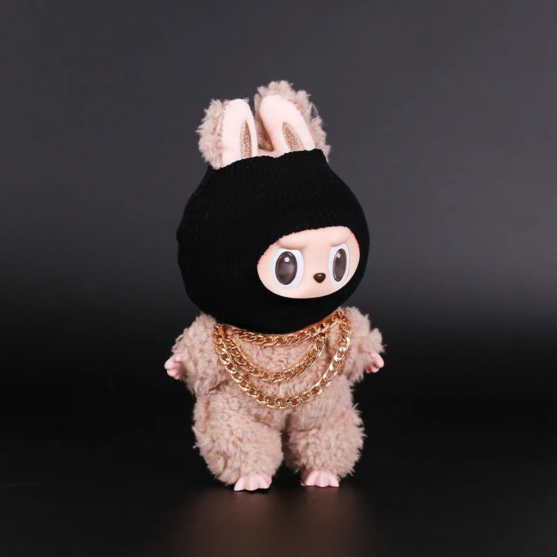 Luxury Tidal Current Labubu Black Hip Hop Mask Knitted Hat Accessories 3-Layer Big Gold Chain Street Fashion Doll Ornaments