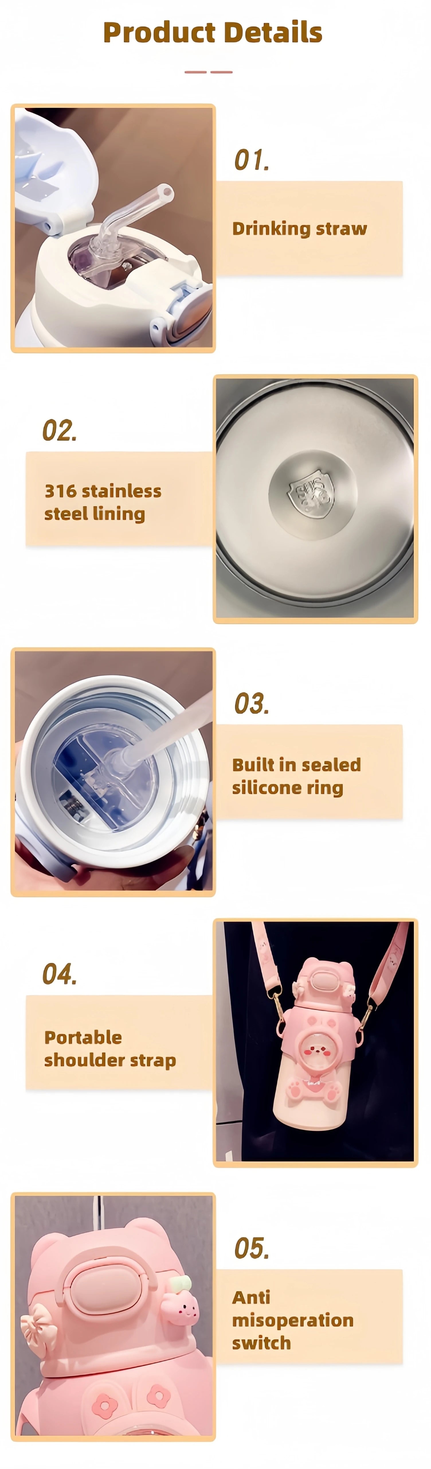 400/500ML Kids Water Bottle Cartoon Dinosaur Thermos Mug Baby Duck Billed Straw 316 Stainless Steel Vacuum Flasks Thermos Bottle