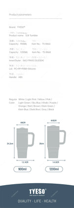 Tyeso 900/1200ML Tumbler Bottle Stainless Steel Car Mug With Handle Straw Thermal Iced Travel Vacuum Insulated Coffee Hot Cup
