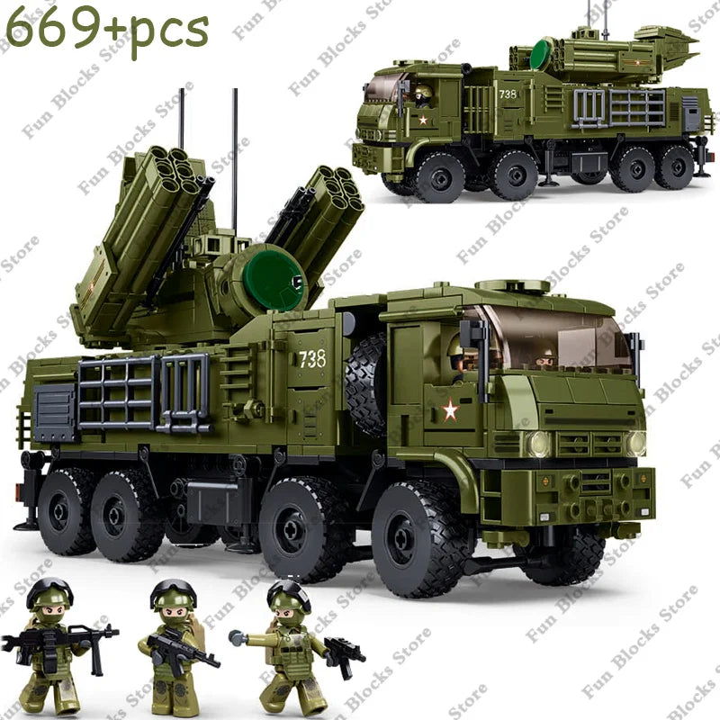 SLUBAN Military Antiaircraft Missile Vehicle Pantsir S1S Anti-aircraft Car Model Building Blocks Sets Soldier Bricks Kids Toys