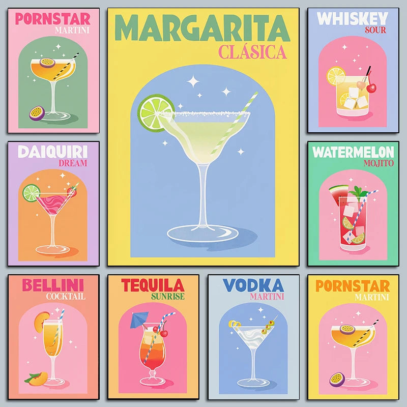 Simplicity Colorful Cocktail Posters Trendy Drinks Prints Whiskey Bar Cart Prints Canvas Painting Wall Pictures Home Bar Decor