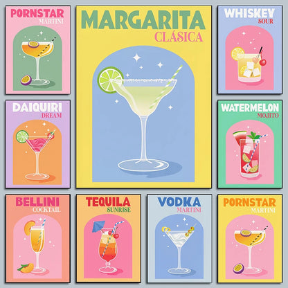 Simplicity Colorful Cocktail Posters Trendy Drinks Prints Whiskey Bar Cart Prints Canvas Painting Wall Pictures Home Bar Decor