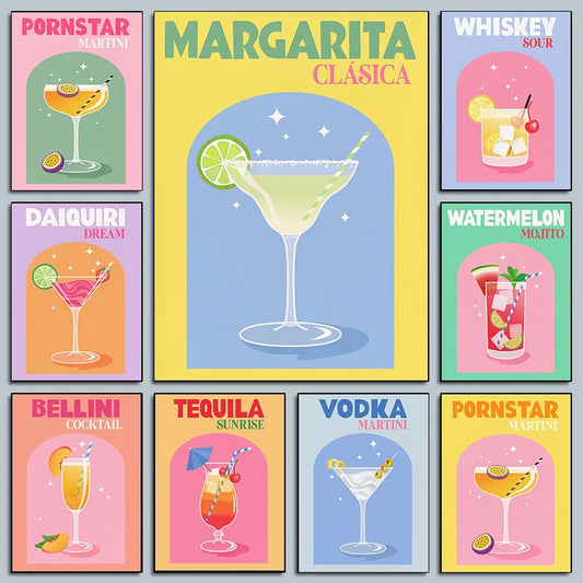 Simplicity Colorful Cocktail Posters Trendy Drinks Prints Whiskey Bar Cart Prints Canvas Painting Wall Pictures Home Bar Decor