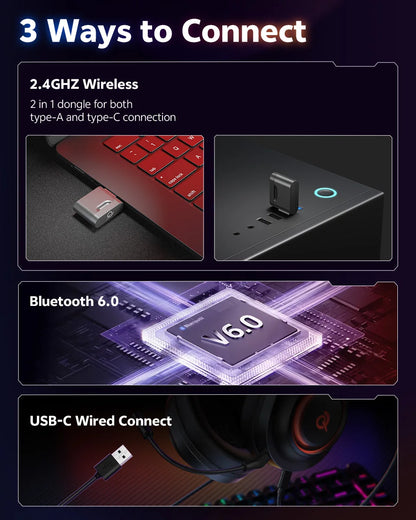 QCY Heroad V200 Gaming Over Ear Headphone Wireless Bluetooth 6.0 with Mic 50mm Driver 7.1 Surround Sound Dynamic EQ RGB Headset
