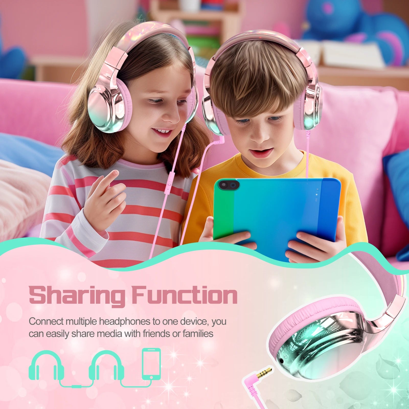 Wired Kids Headphones for School 85/94dB Volume limited Over Ear Headphones for Kids Girls Foldable Gaming Headset with Mic