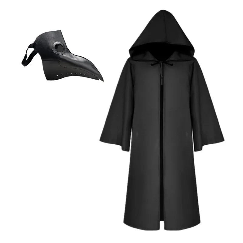 Halloween Cloak Plague Doctor Mask Cosplay Costume Sorcerer Long Shirt Hooded Black Robe Adult and Child Holiday Costume Set
