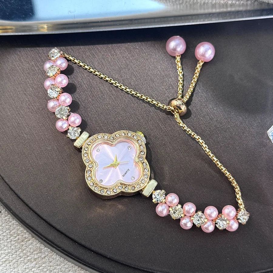 Diamond Set Color Light Luxury Drawstring Watch Exquisite Small Pearl Clover Drawstring Style Quartz Women's Watch