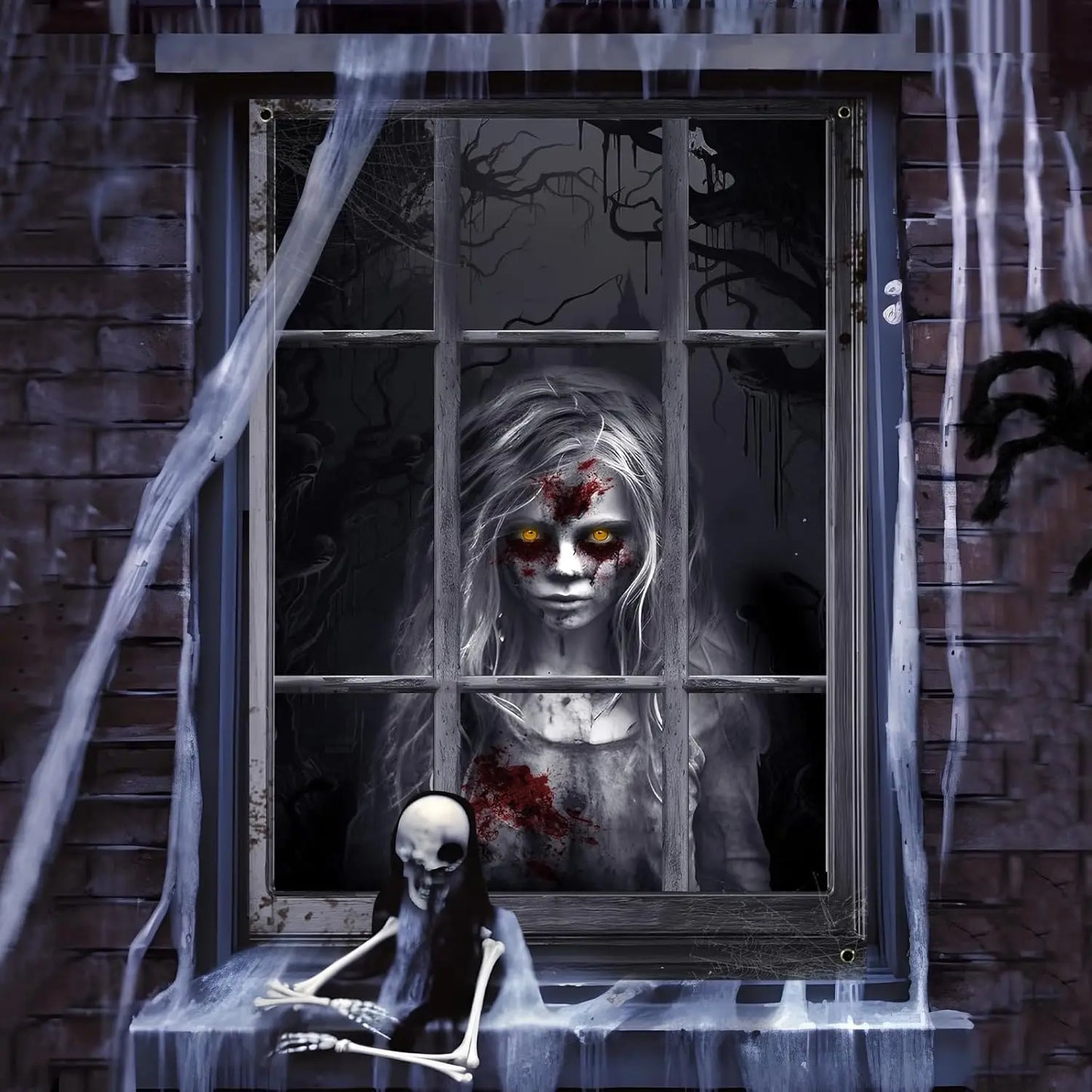 Halloween Ghost Curtains Decorations, 2 Pack, Window Silhouettes, Horror Little Girl and Boy Window Cover Indoor Decor（Kids