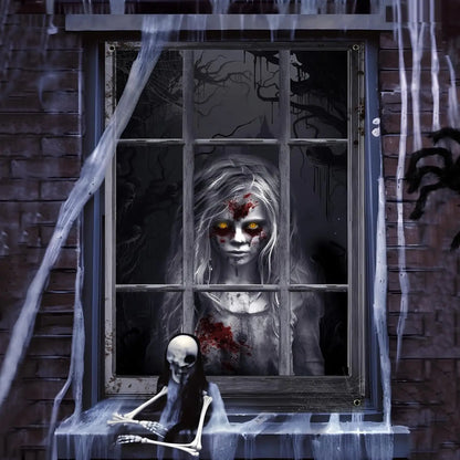 Halloween Ghost Curtains Decorations, 2 Pack, Window Silhouettes, Horror Little Girl and Boy Window Cover Indoor Decor（Kids